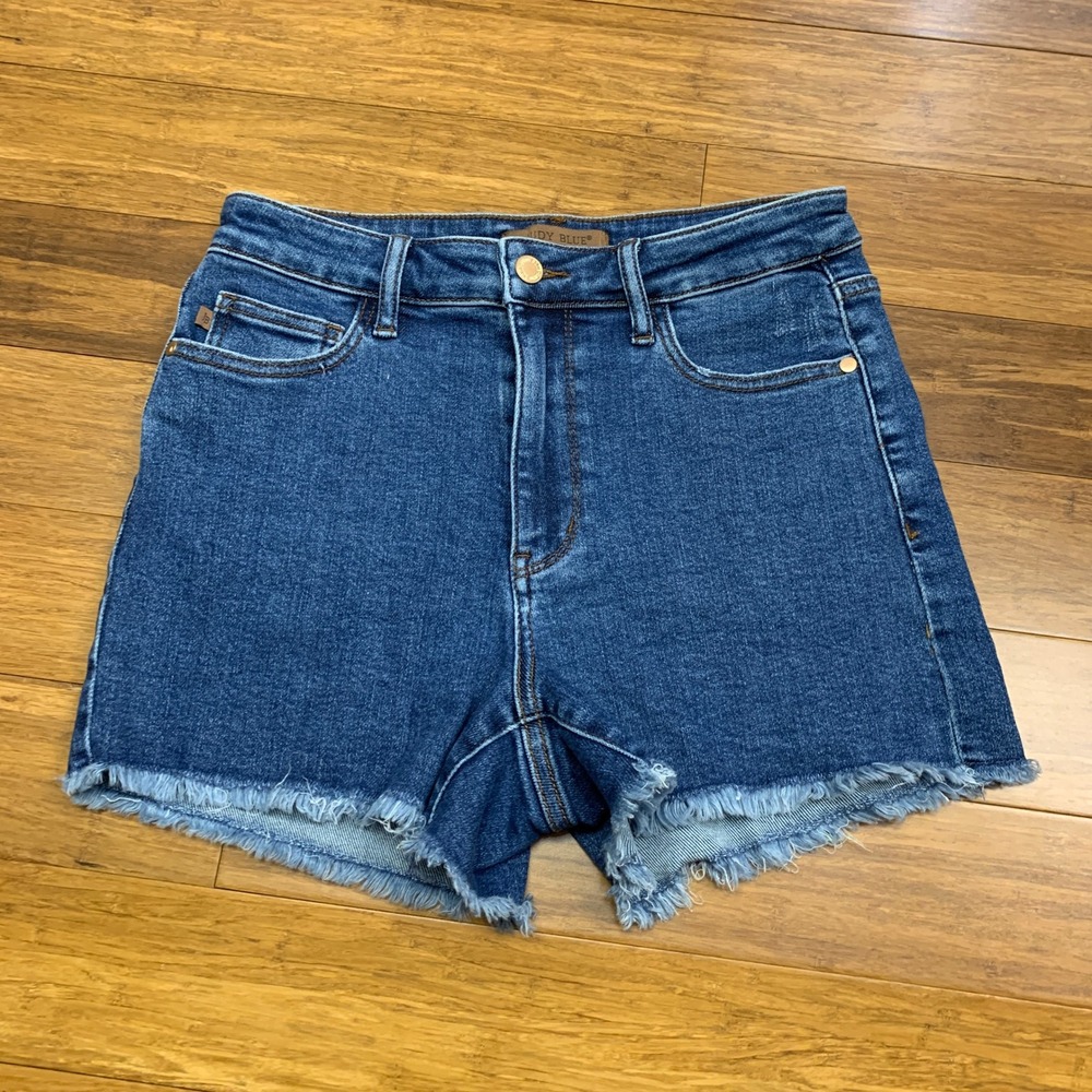 Judy Blue Medium/Dark Blue Frayed Hem High-Rise Jean Shorts